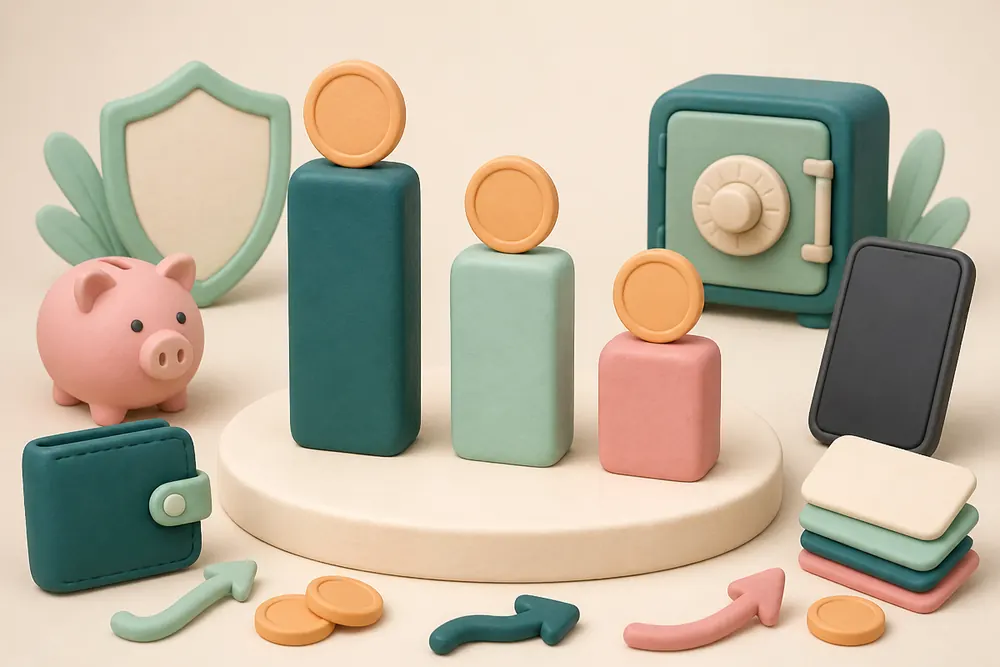 Three clay columns of different heights with a coin balanced on each