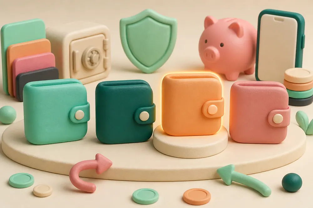 Four rounded clay wallet blocks in pastel colours, one raised and glowing